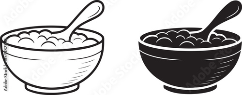 Bowl of porridge silhouette & outline set isolated on transparent background