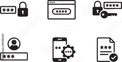 Set of black icons representing password security login access and data privacy.
