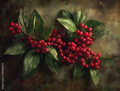 Bunch of Red Berries on Green Leaves Resting on a Textured Surface in Natural Light During Daytime