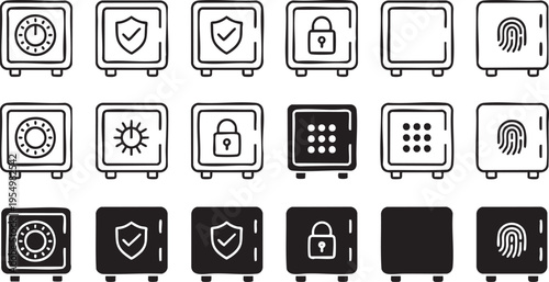 Set of safe box icons with different lock types like dial keypad and fingerprint