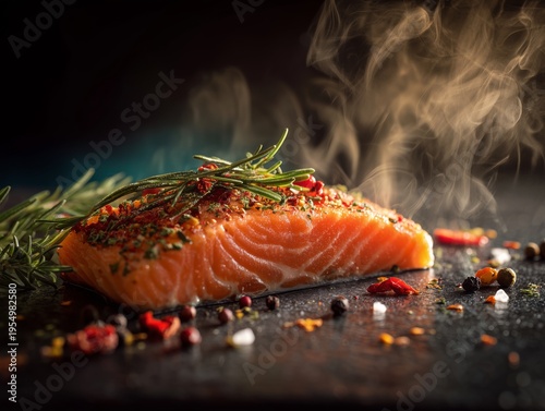 Fresh Salmon Fillet With Herbs and Spices Being Cooked in the Kitchen in the ...