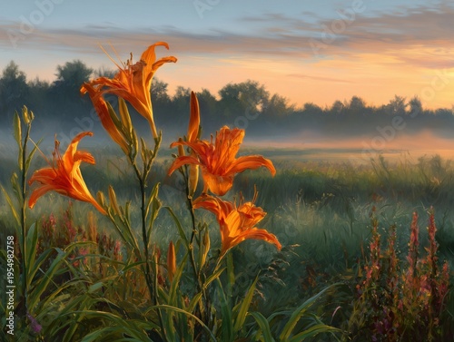 Sunlight Shines on Orange Flowers in a Green Field at Dawn in the Forest