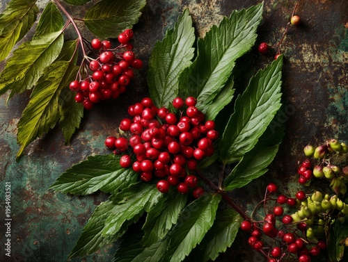 Bunch of Red Berries With Green Leaves on a Rustic Surface in Natural Light