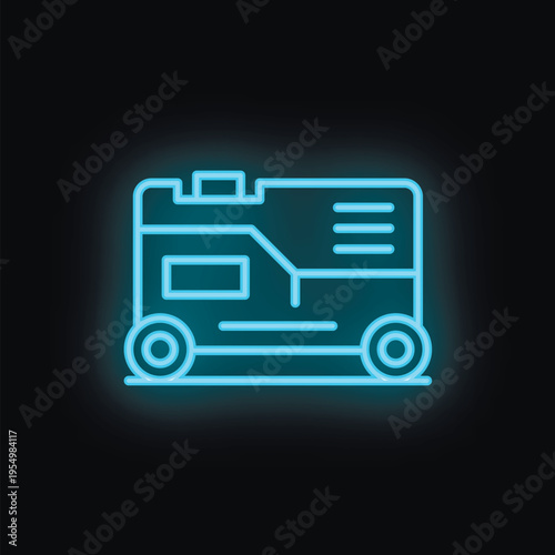Blue neon icon of a portable generator on wheels, representing backup power supply during outages
