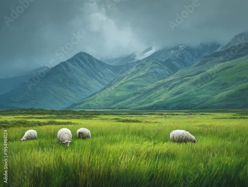 Sheep Graze in a Green Field With Mountains Under a Cloudy Sky