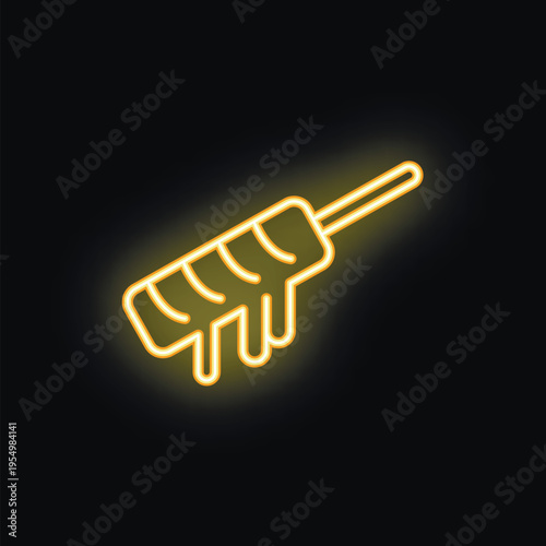 Bright yellow neon icon of a corn dog dripping with mustard is glowing on a black background