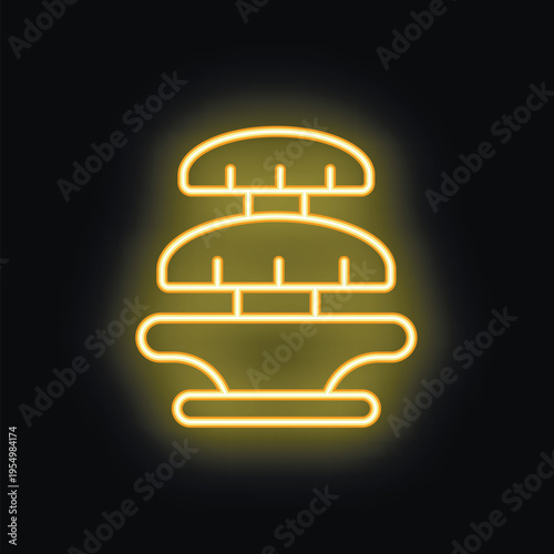 Yellow neon sign depicting a big hamburger with cutlet and cheese, glowing on a black background