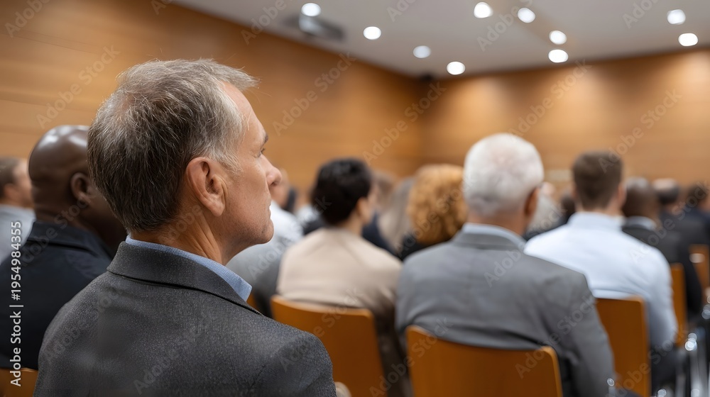 Fototapeta premium Diverse group of people attentively listening during a professional presentation in a modern conference hall