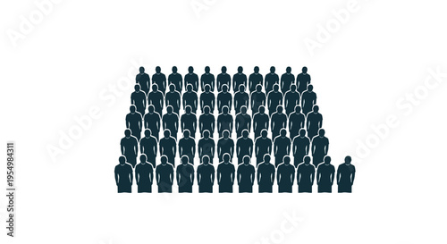 A crowd of people in a triangular formation with one person standing apart.