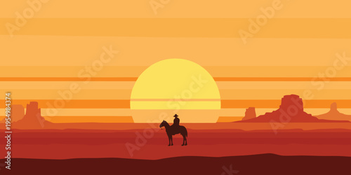 Vector landscape with wild American prairies and silhouette of a cowboy riding a horse at sunset or dawn. Decorative illustration on the theme of the Wild West vector illustration.