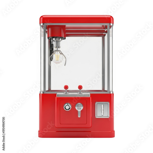 Classic red claw crane game machine with glass display and metal control buttons isolated on a transparent background