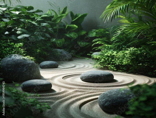 Calm Garden Scene With Rocks and Plants in a Quiet Space