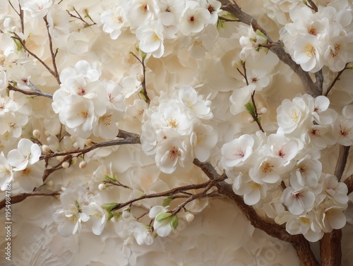 Cherry Blossoms Bloom on Branches, Showing White Flowers in a Natural Setting...
