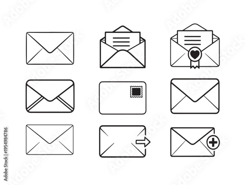 A collection of various envelope icons in different styles and states