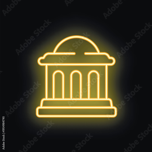 Neon yellow icon of a government building with columns and a dome, glowing on a black background