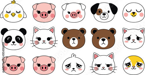 Cartoon animal faces icons set, cute chick pig dog panda cat bear expressions, playful emotive artwork, flat vector illustration