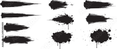 Black Ink Brush Strokes and Paint Splatter Vector Element Collection
