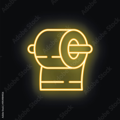 Neon toilet paper roll icon glowing on black background, representing bathroom necessities and hygiene