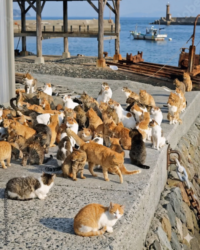 Vászonkép A large colony of stray cats on a concrete pier in a Japanese fishing harbor, Ca