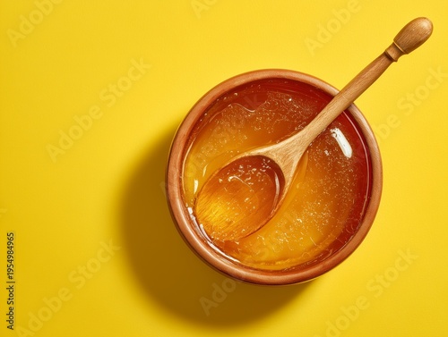 Bowl of Honey With a Wooden Spoon Placed on a Yellow Background
