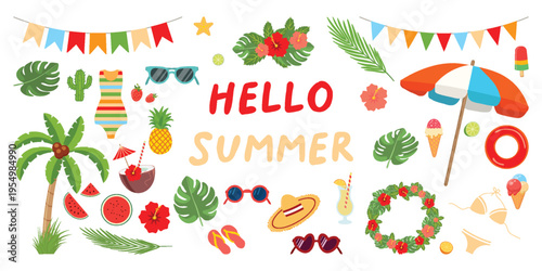 Tropical sticker set Vacation isolated elements with palm tree Monstera leaves Fruits Sunglasses Beach umbrella accessories Hello summer collection Seasonal Social media Packaging prints decoration