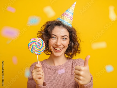 Young Woman Celebrates With Colorful Party Hat and Confetti Toy in Front of B...