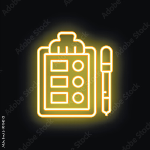 Bright, glowing yellow neon sign in the shape of a checklist clipboard and pen, on a black background