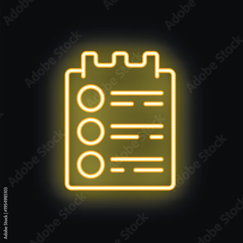 Yellow neon checklist icon glowing in the dark, representing task management and organization