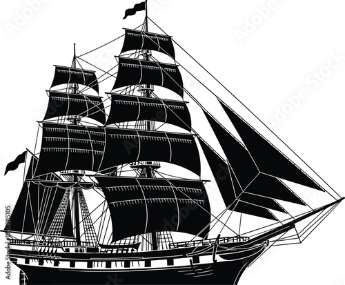 Silhouette of classic tall ship, sailing vessel with full rigging, black isolated on white background, nautical maritime adventure, vintage sea transport illustration