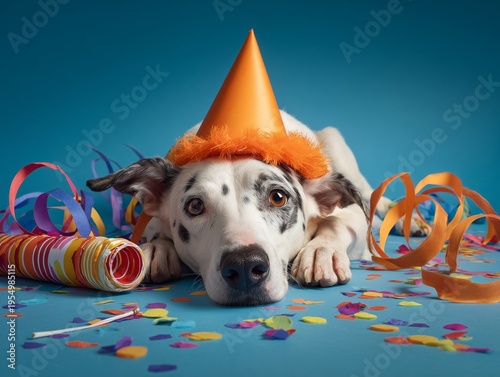 Dog Wears a Party Hat and Rests on Colorful Confetti With Streamers Around