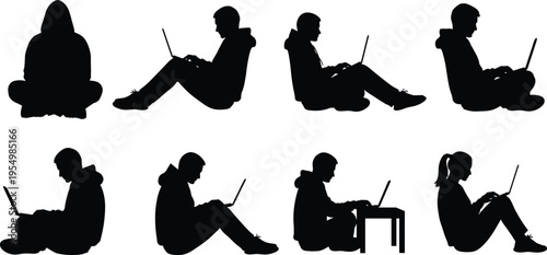 Silhouettes of people using laptops, remote work concept, students freelancers working, black isolated figures on white background, modern digital lifestyle illustration