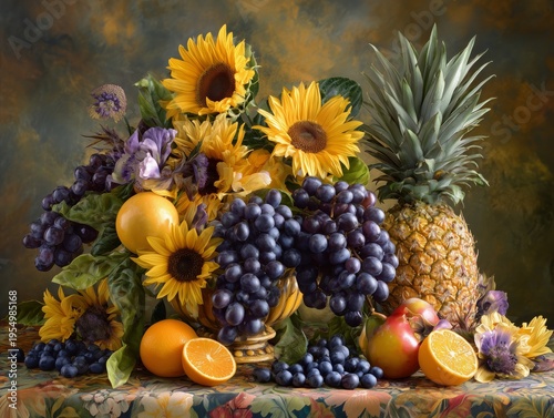 Colorful Display of Fruits and Flowers on a Table in a Studio Setting With Natural Light