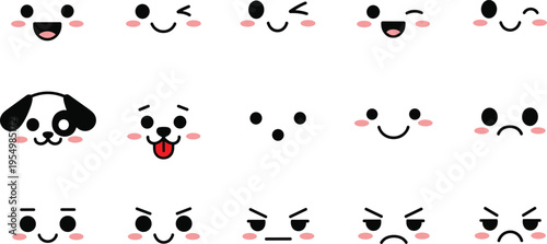 Cartoon facial expressions icons set, cute emotive faces collection, playful character emotions, simple blush design artwork, flat vector illustration