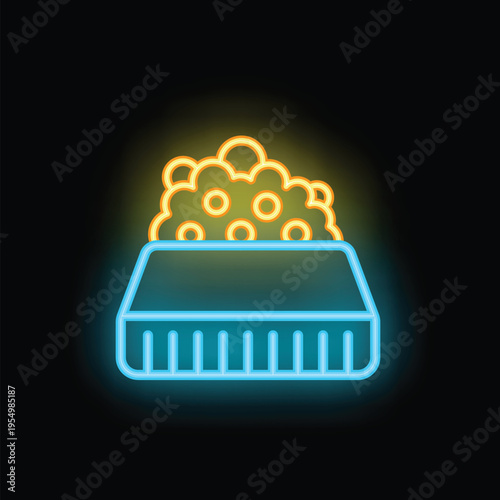Glowing neon icon of pet food bowl with kibble, perfect for pet shop advertising