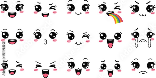 Cartoon facial expressions icons set, cute emotive faces collection, playful character emotions, rainbow tears blush artwork, flat vector illustration