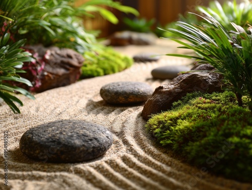 Calm Garden Scene With Rocks and Plants in a Quiet Space