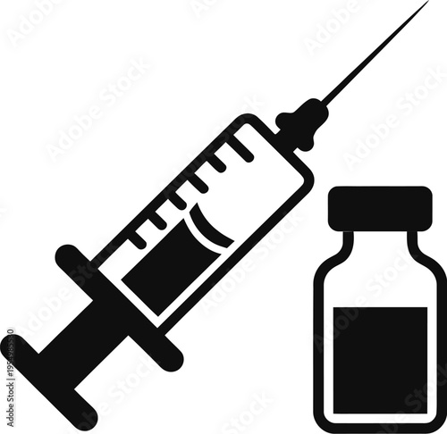 Medical syringe and vaccine vial icon featuring black silhouette minimalist design for immunization healthcare vaccination and medical clinical services projects.