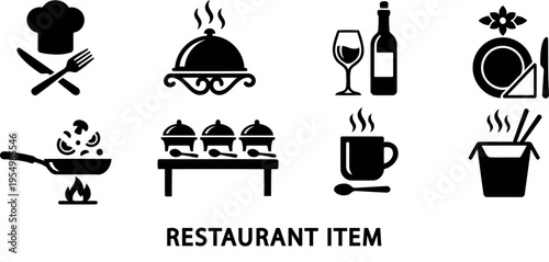 Black silhouette icons representing catering food service and dining on transparent background