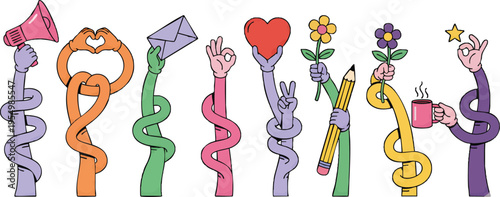 Colorful Noodle Arms Holding Various Icons Vector Illustration