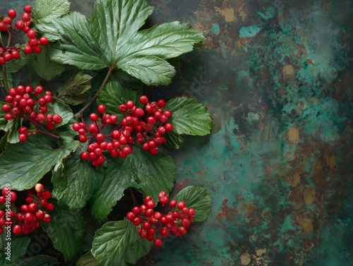 Bunch of Red Berries on Green Leaves Resting on a Textured Surface in Natural Light During Daytime