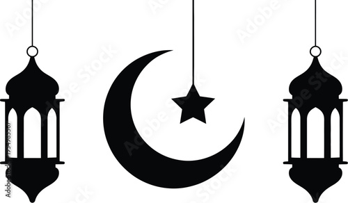 Eid Mubarak vector illustration featuring minimalist hanging Arabic lamps with crescent and star symbols isolated on white for religious festive banners.