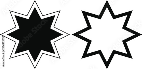 Two eight pointed star icons featuring a solid black silhouette and a minimalist thin outline design isolated on white background.