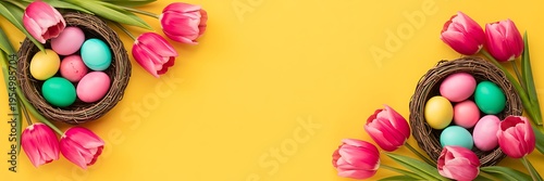 Colorful easter eggs in nests with pink tulips on yellow background