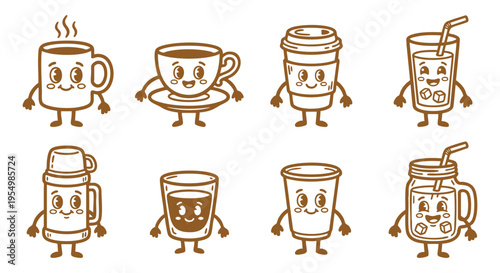 Cute hot beverage mascot illustrations. Smiling coffee cup and thermos icons. Brown line art characters vector design set. Editable EPS graphic elements for cafes. 