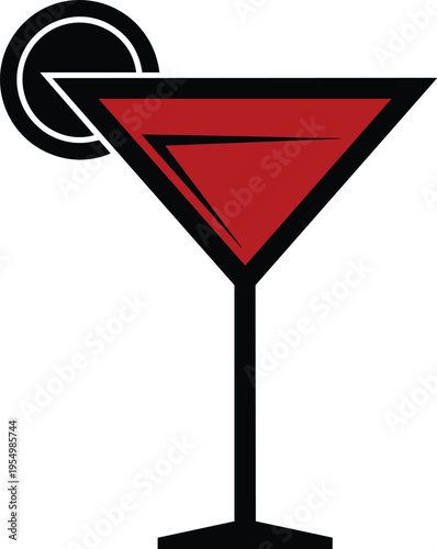 Cocktail glass silhouette design, martini cosmopolitan icon, red drink with citrus garnish, bar nightlife beverage artwork, flat vector illustration