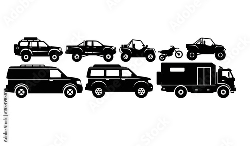 Off road vehicle silhouettes set with 4x4 suv truck atv and adventure transport vector collection