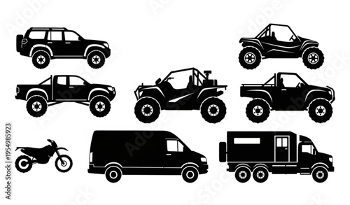 Off road vehicle silhouettes set with 4x4 suv truck atv and adventure transport vector collection