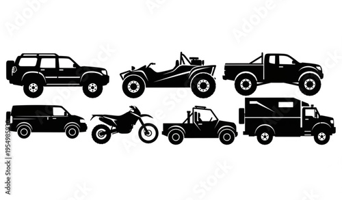 Off road vehicle silhouettes set with 4x4 suv truck atv and adventure transport vector collection