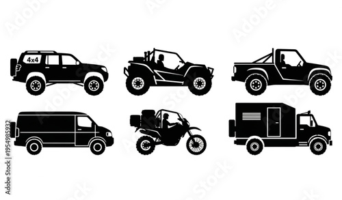 Off road vehicle silhouettes set with 4x4 suv truck atv and adventure transport vector collection