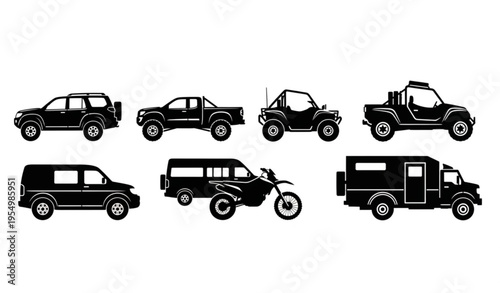 Off road vehicle silhouettes set with 4x4 suv truck atv and adventure transport vector collection